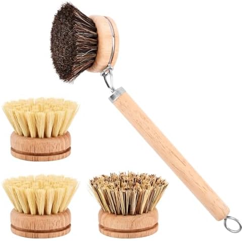 Bamboo Dish Brush with Handle - 3 Replacement Heads, Soft Bristles Kitchen Brush, Bamboo Dish Scrubber for Dishes Vegetable, Pots and Pans, Kitchen Utensils(Color:Wood) by Unknown
