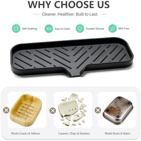 MicoYang Silicone Soap Dish with Drain Spout — Self-Draining Double Sink Organizer Tray for Kitchen & Bathroom, Dispensers, Sponges & Soap Holder, Non-Slip & Dishwasher Safe, Black (Large, 12"×4") - Image 3