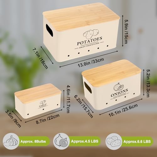 Kitchen Vegetable Storage Set of 3, Metal Onion Garlic Potato Storage Set, Kitchen Canisters Vegetable Keeper Containers with Aerating Holes and Bamboo Lid，Beige - Image 3