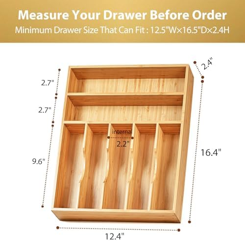 Umilife Kitchen Drawer Organizer, 12.5 Inch Silverware Utensil Tray Holder, Extra Deep, with Non-Slip Feet & Grooved Drawer Divider, 7 Slots Total Bamboo Wood Caddy for Flatware Cutlery Knives - Image 5