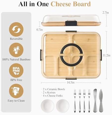 Portable Bamboo Charcuterie Board with Lid, 6 Compartments - Image 2