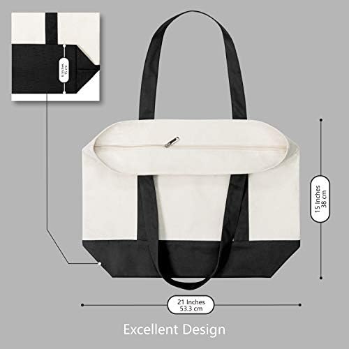 TOPDesign 6-Pack Canvas Tote Bags with an External Pocket, Reusable Grocery Shopping Bags, Top Zipper Closure, Daily Essentials (Black/Natural) - Image 5