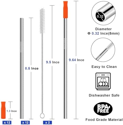 Newly Upgraded 8.5In Reusable Stainless Steel Straws Set 12 PCS with 12 Silicone Tips, 2 Straw Brush, 1 Storage Case, BPA Free, Eco-Friendly Metal Straws for 14, 20, 30 oz Tumbler，for Hot/Cold Drinks - Image 3
