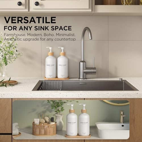 Hand and Dish Soap Dispenser Set,16oz Glass Bottles with Bamboo Pumps & Tray,Countertop Soap Dispensers for Kitchen,Luxury, Minimalist & Farmhouse Decor - Image 3
