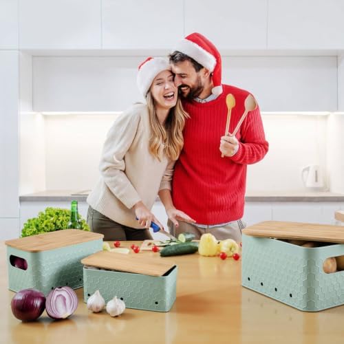 Kitchen Vegetable Storage Set of 3, Metal Onion Garlic Potato Storage Set, Kitchen Canisters Vegetable Keeper Containers with Aerating Holes and Bamboo Lid,Embossed Saga Green - Image 7