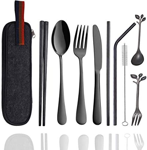 Travel Utensils Set with Case Reusable Stainless Steel Silverware Flatware Set 9 Pcs Portable Cutlery Eating Utensils Set for Lunch Boxes Workplace Camping School, Dishwasher Safe (Black) by Busnos