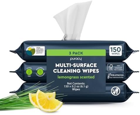 Puracy All Purpose Cleaning Wipes – Non Toxic Multi-Surface Cleaner & Appliance Wipes for Car, Bathroom, Kitchen – Lemongrass Scent (150 Count, 3 Pack) by Puracy