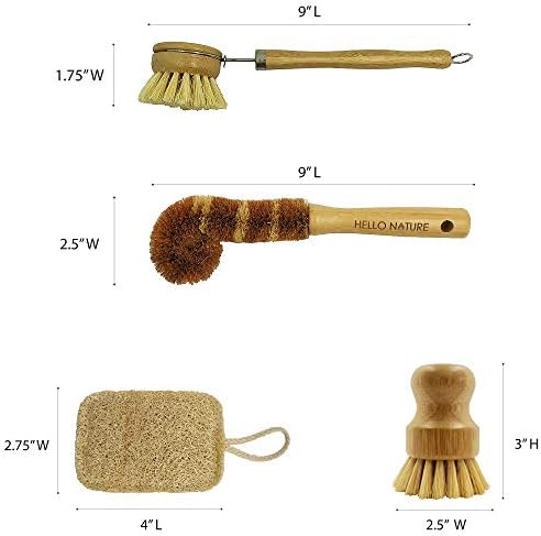 Plant-Based 6pcs Kitchen Brush Set by HELLO NATURE, Sustainable & Biodegradable Natural Fibre Bamboo Dish Brush,Bottle Brush,Pot Brush & 3 Natural Loofah Sponges, Zero-Waste,Plastic Free Kitchen Set - Image 6