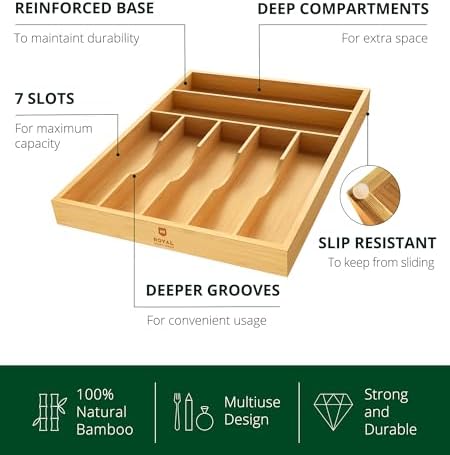 ROYAL CRAFT WOOD Luxury Bamboo Utensil Rack and Silverware Organizer, Kitchen Drawer Organizer - Utensil Holder and Cutlery Tray with Grooved Drawer Dividers for Flatware 7 Slot, Natural - Image 3