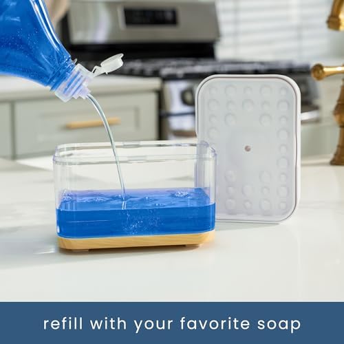 S&T INC. Dish Soap Dispenser and Sponge Holder, Plastic Bamboo and White - Image 3