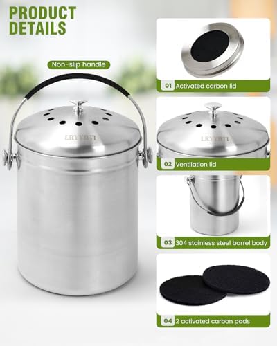 Countertop Compost Bin Kitchen Stainless Steel 1.3 Gallon - Image 5