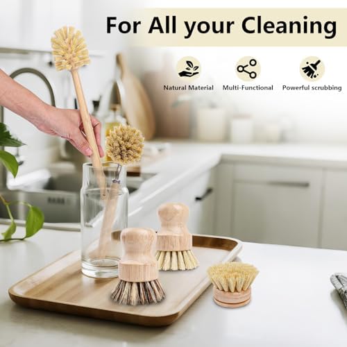 5 Pack Bamboo Dish Brush Set with 14’’ Bottle Brush - Image 7