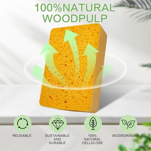 10-Count Kitchen Sponges, Compostable Thicker Pop-Up Sponges - Expanding, Non-Scratch, Plant-Based Dish Cellulose Sponges Car Wash Sponges (5 x 3.5 x 1.2 inches), Yellow - Image 3