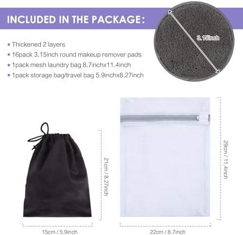 SUNLAND Reusable Makeup Remover Pads for Face,Eye,Lips 32 Pack Microfiber Face Cleansing Gloves Washable with Laundry Bag and Travel Bag Rounds Toner Pads（Round 3.15inchx32,Dark Grey） - Image 2