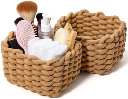 Small Cotton Rope Basket 2 Pack, Khaki Shelf Storage Bins for Desk Vanity by AmorousCat