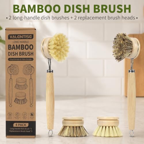 Bamboo Dish Brush with Handle, Natural Dish Brush Set Includes 2 Replacement Brush Heads, Kitchen Scrub Brush with Sisal and Palm Bristle for Cleaning Dishes, Pans and Vegetables - Image 2