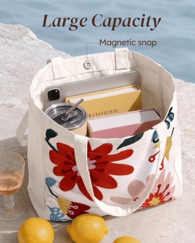 Floral Embroidery Canvas Tote Bag with Magnetic Closure for Daily - Image 5