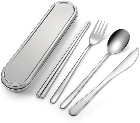 Travel cutlery set, 18/8 stainless steel cutlery, Reusable utensils set with case, Portable Silverware Lunch Box for Camping and Office (Stainless Steel) by AOPAPIXJ