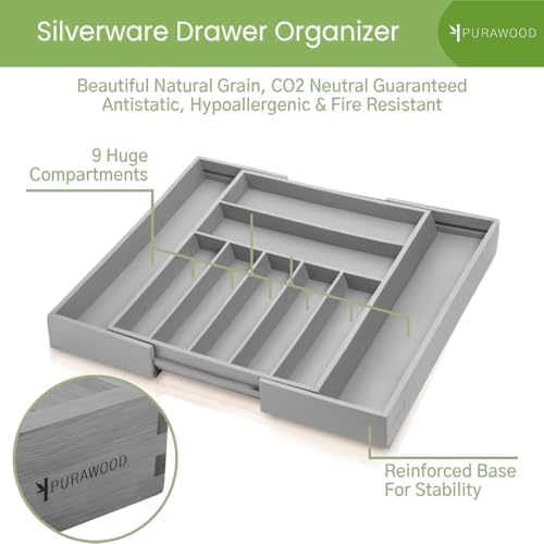 Purawood Bamboo Drawer Organizer - Expandable Silverware Organizer & Utensil Organizer, Cutlery Tray with Dividers, 7-9 Slots - Premium Kitchen Drawer Organizer for Utensils & Flatware (Grey) - Image 3