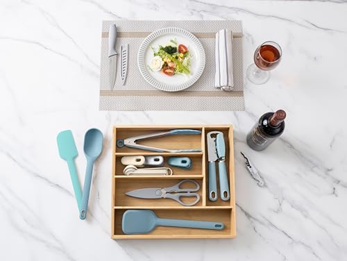 COOK WITH COLOR Bamboo Kitchen Utensil Set with Drawer Organizer | Cooking Tools and Storage Caddy, Blue, 18 Piece Gadget Set - Image 6