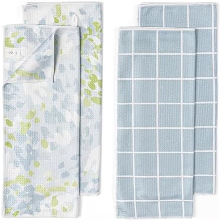 ELYN Microfiber Kitchen Dish Towel Set, Quick-Dry & Absorbent Waffle Weave Cleaning Towels, Set of 4 Kitchen Towels, Paper Towels Alternative (Painterly Floral & Grid) by ELYN