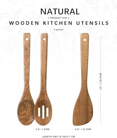 Wooden Spoons for Cooking, 3-Piece Acacia Wood Cooking Utensil Set - Image 2