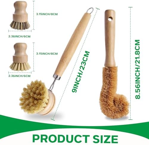 Bamboo Dish Brush Set - 5 Packs Natural Wooden Kitchen Brush, 4 Dish Scrubbers with One Replacement Head, Cleaning for Pots, Bottles and Vegetables - Image 2