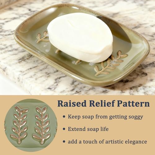 HighHerz Aesthetic Ceramic Soap Dish for Shower, Soap Holder with Raised Relief, Shower Soap Dish for Shampoo Bar Or Sponge, Soap Saver for Bathroom, Kitchen, Sink, Decorative Soap Tray (Green) - Image 3