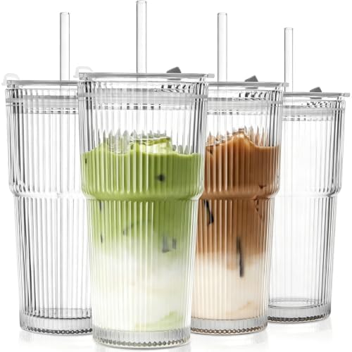 TUZAZO 20 Oz Ribbed Glass Coffee Tumblers with Lids and Straws, 4 Pack by TUZAZO