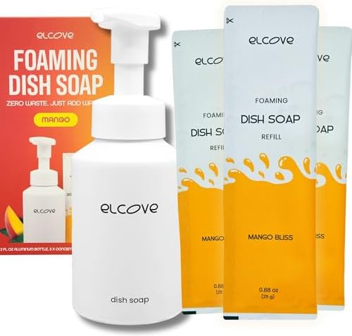 Eco Friendly Foaming Dish Soap Starter Set, Reusable Aluminum Soap Dispenser, Zero Waste, Non Toxic, Concentrated Powder Dish Soap Refill (Pack of 3) Make 36 oz of Foaming Dish Washing Liquid by Elcove