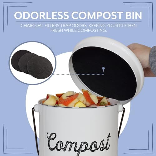 AuldHome Design Kitchen Compost Bin for Countertop | 1.3 Gallon Composting Bucket with Lid | Includes 3 Charcoal Filters | (White Enamel) - Image 5