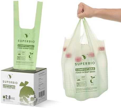 SUPERBIO 2.6 Gallon Compostable Bags with Handles, 100 Count,1 Pack, Food Scrap Bags Certified by BPI and OK compost INDUSTRIAL, 9.84L by SUPERBIOCOMPOSTABLEBAGS