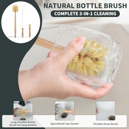 DEBETOOL 3-in-1 Natural Bottle Brush Set, 13.7 Inch Wooden Long Handle - Image 3