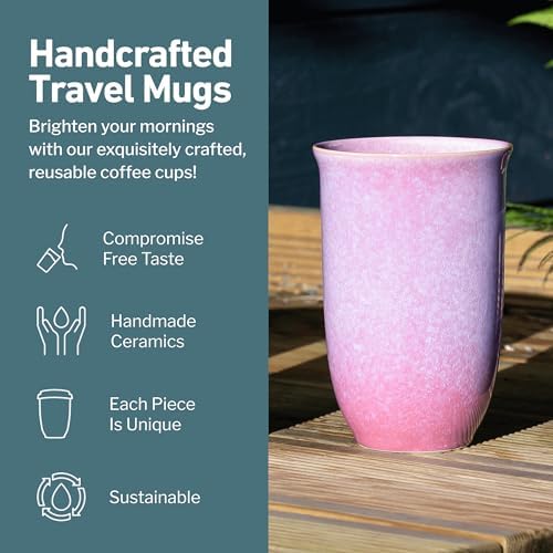 NOVA CERAMICS Coffee Travel Mug – Cup Holder Friendly Travel Mug– Microwave & Dishwasher Safe White & Purple Tumbler - Coffee Mug Fits In Cup Holder – 12oz – Astral Bloom - Image 2