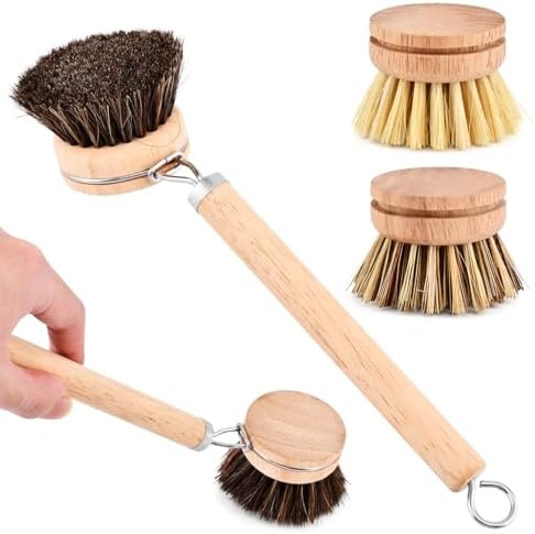 Bamboo Dish Brush Set, 1 Wooden Handle with 2 Natural Bristle Heads - Image 7