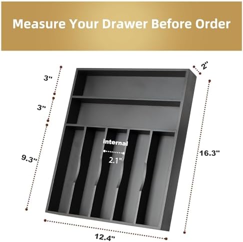Bamboo Silverware Holder Drawer Utensil Organizer with 7 Slots Black - Image 2