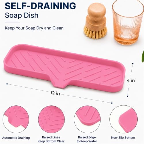 MicoYang Silicone Soap Dish with Drain Spout — Self-Draining Double Sink Organizer Tray for Kitchen & Bathroom, Dispensers, Sponges & Soap Holder, Non-Slip & Dishwasher Safe, Rose (Large, 12"×4") - Image 2