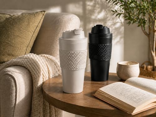 16 oz Coffee Tumbler Set (2 Pack) – Insulated Double Wall Travel Mug with Leak Proof Lid, Cup Holder Friendly, BPA Free Reusable Coffee Cup, Dishwasher & Microwave Safe (Black and Sand) - Image 2