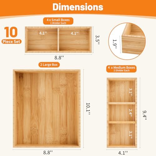 Bamboo Drawer Organizer, 10-Piece Stackable Trays with Removable Dividers - Image 2