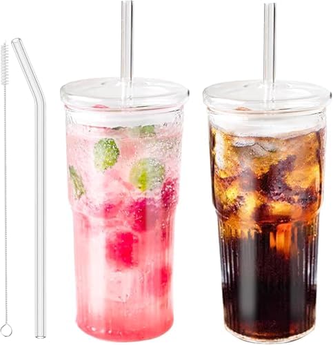 JunVpic Glass Coffee Tumbler, 20 oz Glass Cup with Lid and Straw by Junvpic