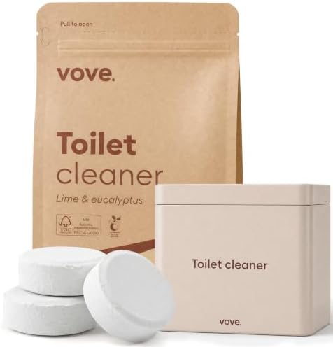 Vove Probiotic Toilet Bowl Cleaner Tablets Starter Set with Tin, 12 Count - Lime Eucalyptus, Citric Acid + Oxygen Bleach, Removes Hard Water & Limescale, Plant-Based, Septic Safe, Plastic-Free by Vove