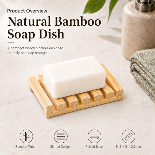 Bamboo Soap Dish for Bar Soap, Raised Wooden Holder with Drain Slots，Natural Pine Wood Soap Box - Image 2