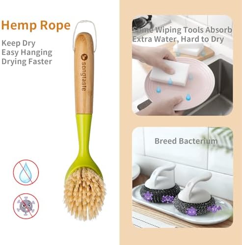 2 Pack Kitchen Dish Brush Bamboo Handle Dish Scrubber Built-in Scraper - Image 2