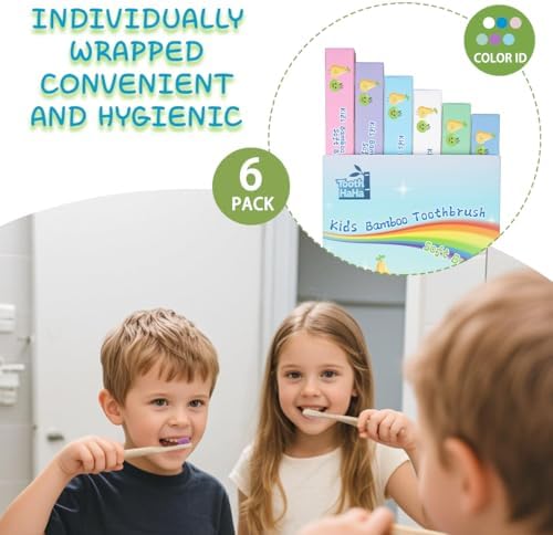 Kids Bamboo Toothbrushes, BPA-Free Soft Bristles, Eco-Friendly Natural Wooden Toddler Toothbrush, 6-Pack Travel Toothbrushes Set for Children - Image 4