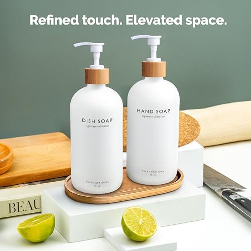 Vine Creations White Glass Soap Dispenser Set, Hand Soap and Dish Soap Dispenser Set with Bamboo Tray, 16 oz Glass Dispensers Bottle for Kitchen and Bathroom Decor Modern Boho with Bamboo Pump (White) - Image 6