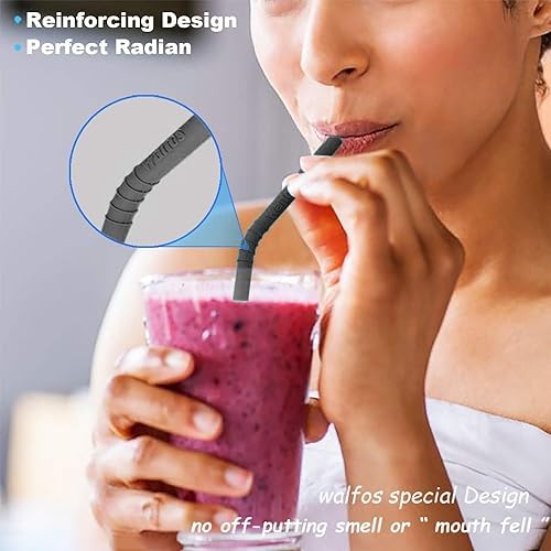 Walfos Reusable Silicone Straws -10.5 Inch Flexible Drinking Bendy straws for Smoothies/20 & 30 oz Tumblers, BPA Free (6 pcs Wide + 1 Cleaning Brushes ） - Image 7