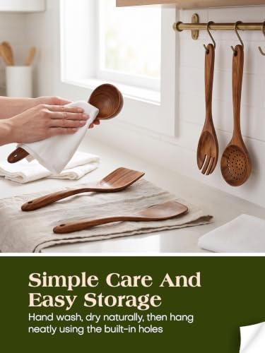 AIUHI Wood Utensils Set for Cooking, Teak Wooden Utensils Set Wood Spatula for Nonstick Cookware Kitchen Utensils Set 5 - Image 6