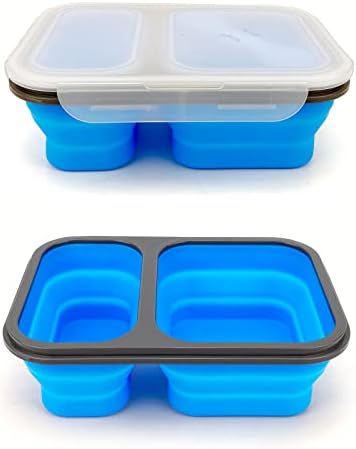 2 Compartments Collapsible Airtight Bento Box with Ideal Portion 600ml & 450ml and 2 in 1 Spoon & Fork, Food Grade Silicone Lunch Container for Adults Work Travel, Microwave Safe - Image 4