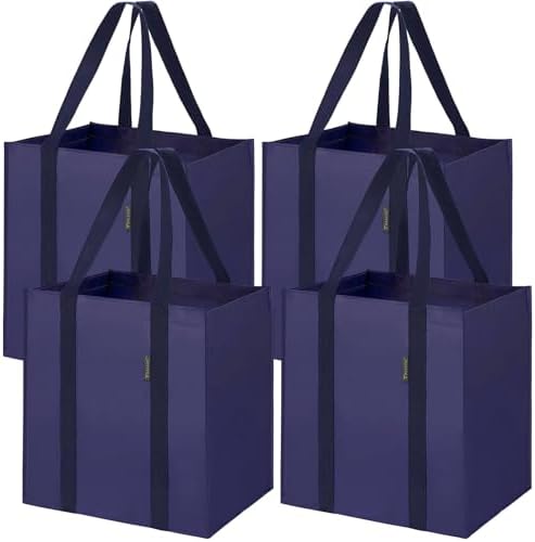BALEINE 4 PK Grocery Bags Reusable Shopping Bags with Reinforced Bottom, Heavy Duty Foldable Tote Bags (Navy Blue) by BALEINE
