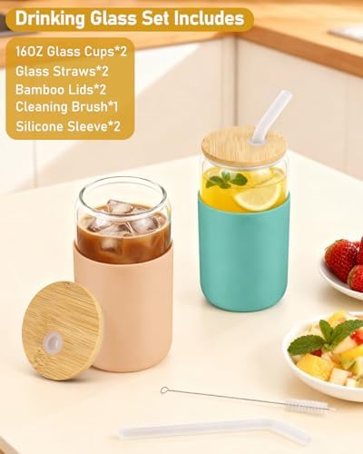 16 oz Glass Cups with Lids - 2 Pack Iced Coffee Cups with Silicone Sleeves - Image 2